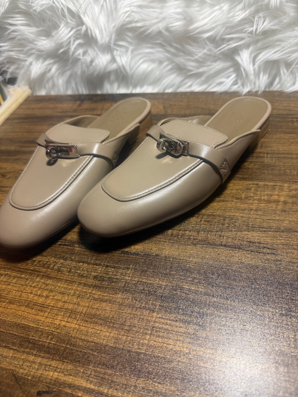 Taupe Leather Backless Loafer Mules